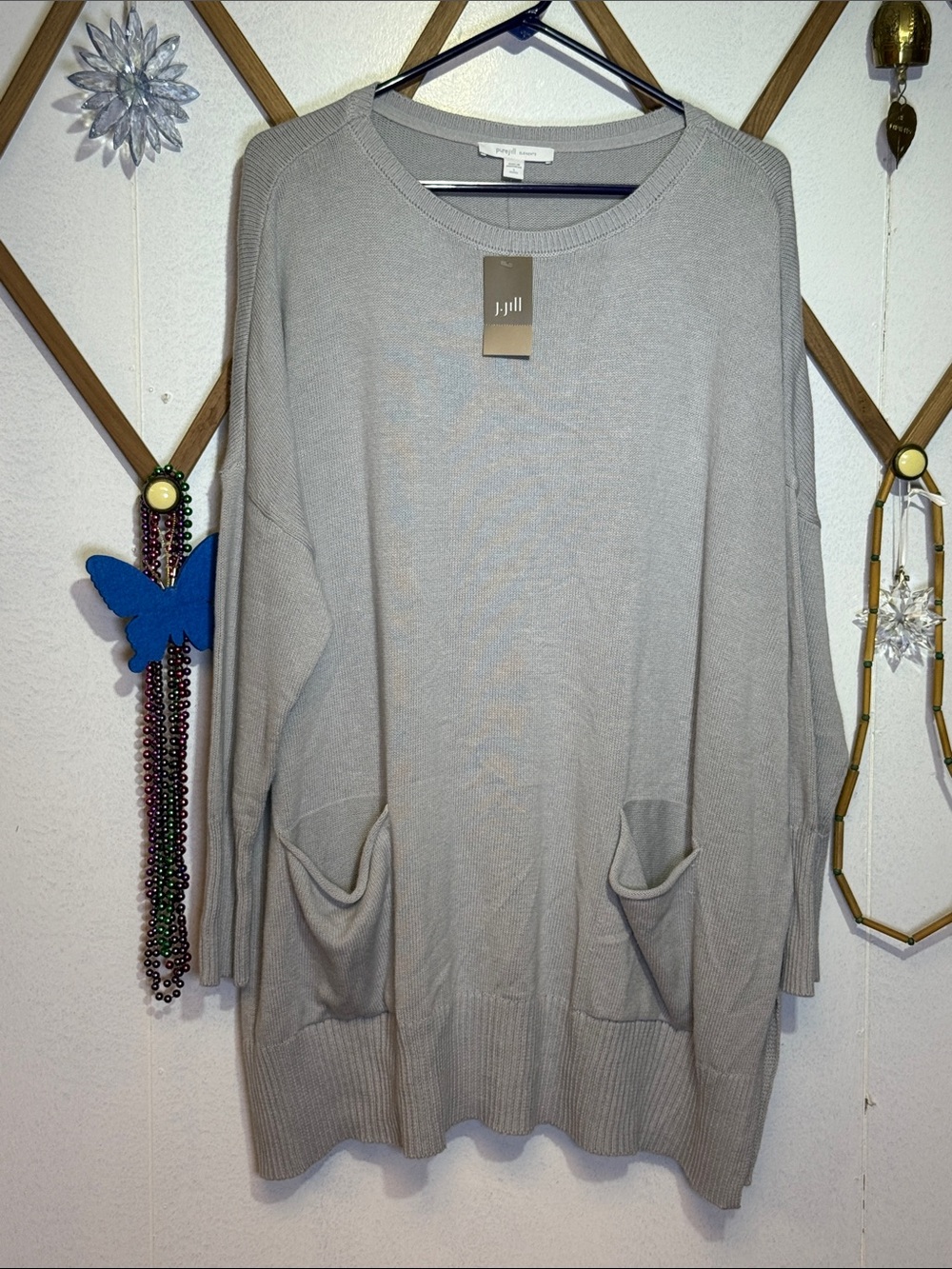 J. Jill Gray Scoop Neck Lightweight Pocket Sweater